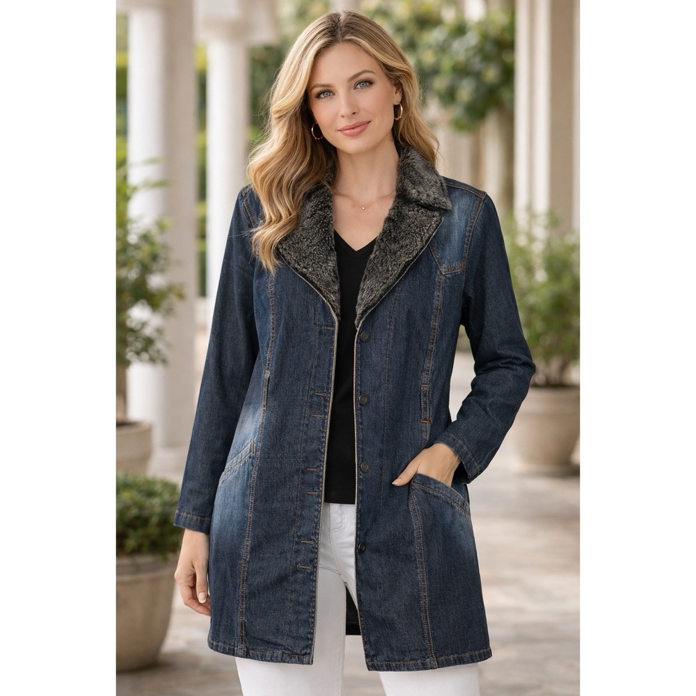 Revolt Jeans Women Denim Jacket Long Faux Fur Detail Matue Lageen Look Classy 2X